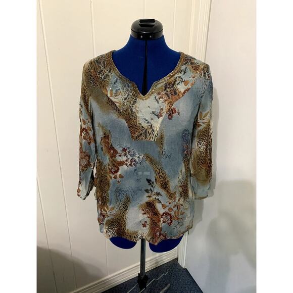 Chico's Silk Sheer Embroidered Animal Print Women's Size 1/M 3/4 Sleeve Shirt - Picture 1 of 8